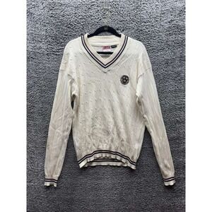 The Coop Harvard Seal Cable Knit V-Neck Pullover Sweater Cream‎ Mens Size XL
